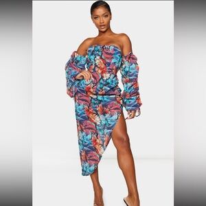 Shape Multi Butterfly Print Bardot Ruched Sleeve Asymmetric Dress
